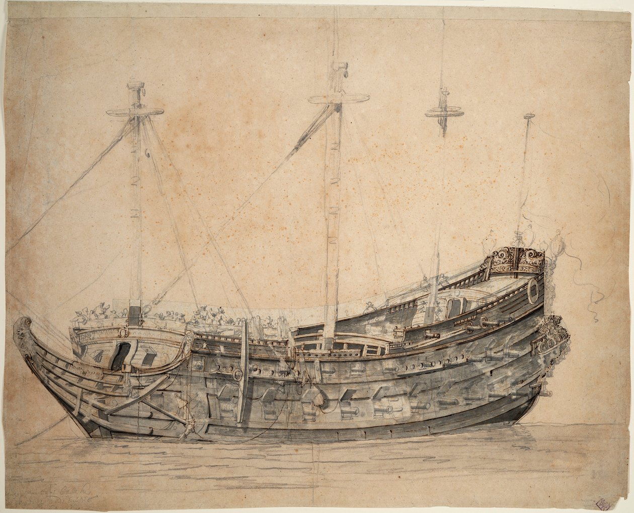 Az 1651-ben épült és 1676-ban akció közben felrobbantott "Vrijheid", az amszterdami admiralitás 50 ágyús hajójának portréja, 1653 körül (grafit, szürke tus, barna toll, tus) alkotó: Willem van de the Elder Velde