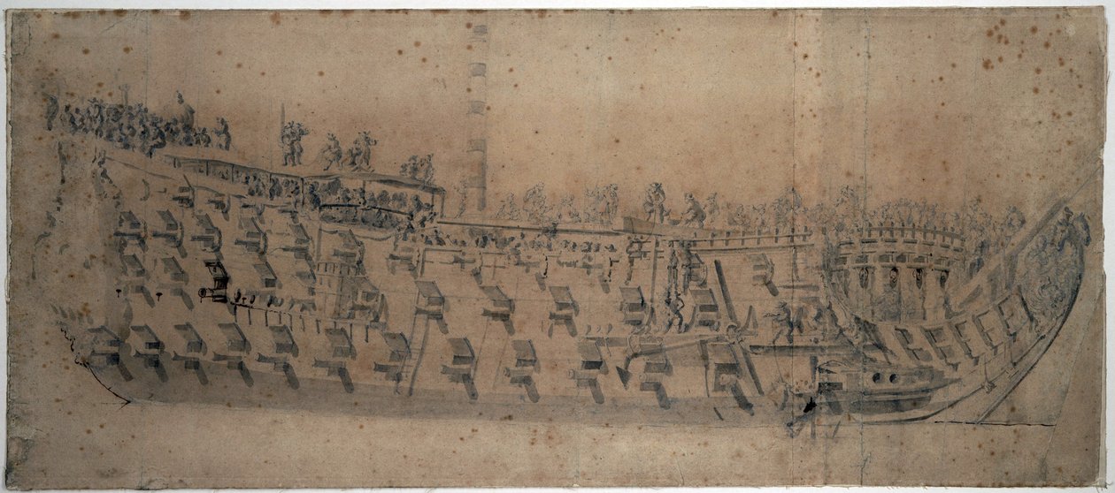 Az 1670-ben épült "London" nevű, 96 ágyúval felszerelt első osztályú hajó portréja. Rajz és temperálás 1676 körül, készítette Willem van de Velde l