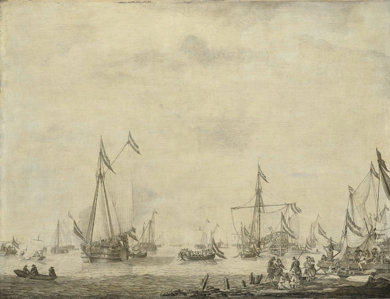 Királyi jacht és állami jacht vitorlázik Moerdijkből a Károly II-vel alkotó: Willem van de the Elder Velde