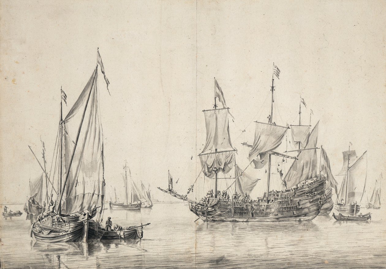 Vitorlások és egy vitorláit szárító holland fregatt. Rajz és tus (26x37 cm), William van de Velde l