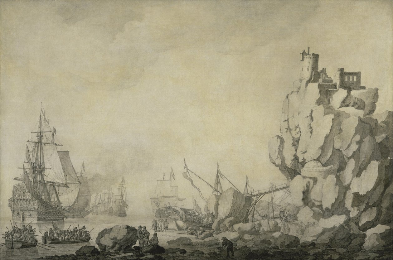 Hajók és milícia egy sziklás parton, 1680 körül (toll és tinta előkészített vásznon) alkotó: Willem van de the Elder Velde