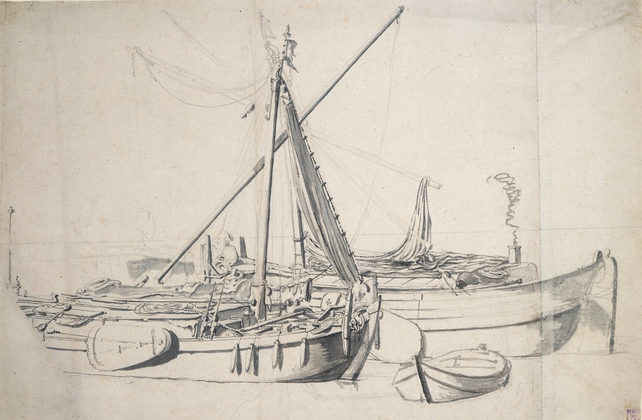 Tanulmány egy egymás mellett fekvő damlooperről és egy smalschipről, 1665 körül (grafit, szürke mosás) alkotó: Willem van de the Elder Velde