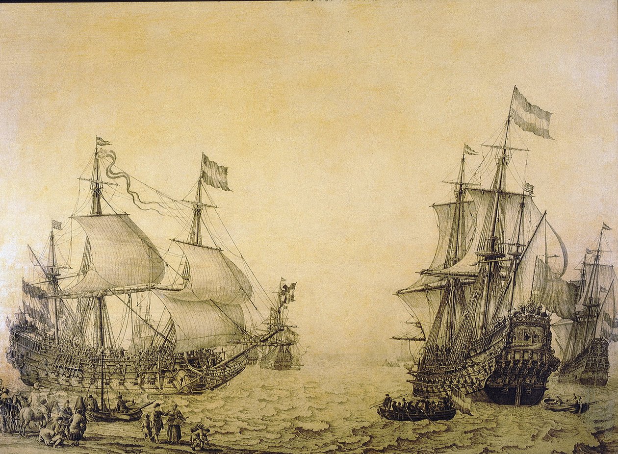A partot elhagyó holland "Oosterwijk" hajó két szemszögből is látható. Grisaille fára alkotó: Willem van de the Elder Velde