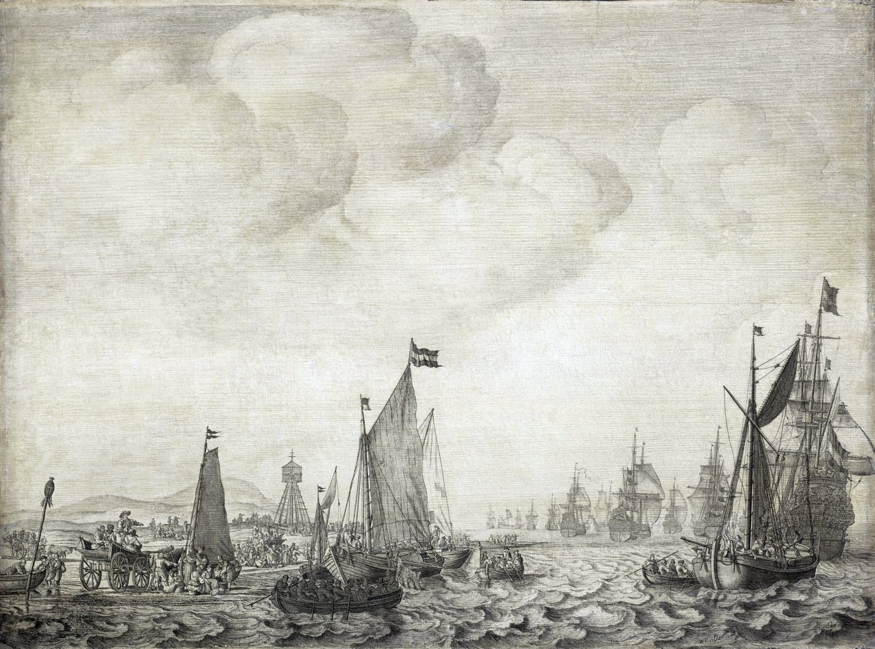 Keletre tartó kereskedelmi hajók és kíséretük, Vlie (vagy Vliestroom), a Vlieland és Treschelling (Hollandia) szigetek közötti tengeri útvonal elhagyása, 1645. június 9. alkotó: Willem van de the Elder Velde