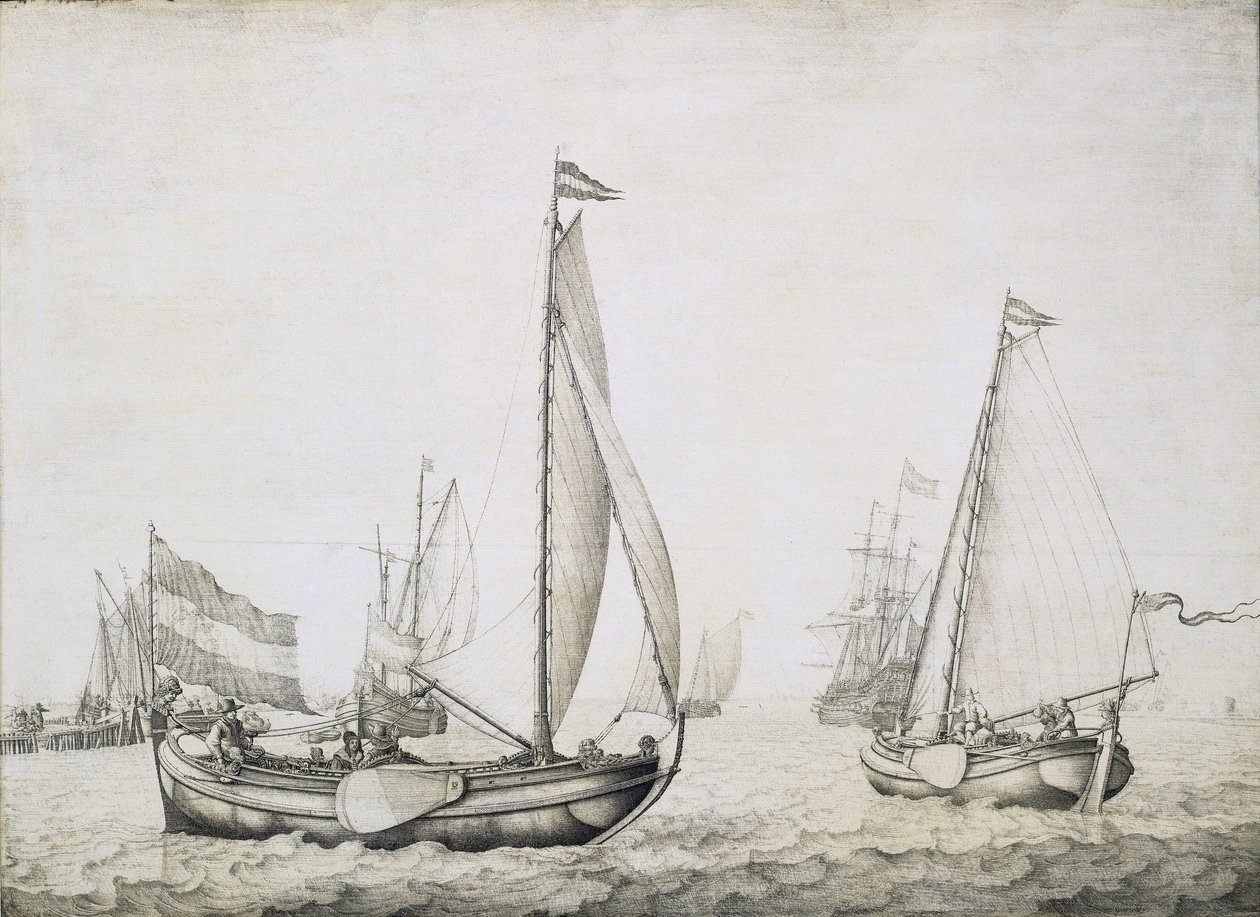 Két holland hajó az indulásnál, valószínűleg Amszterdam (Hollandia) kikötőjében. Grisaille, fa, 1660 körül, Willem van de Velde (1611-1693) alkotása. alkotó: Willem van de the Elder Velde