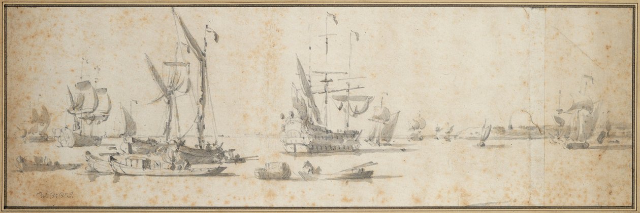 Két dogger és egy horgonyzó hajó egy kikötőben, 1681 körül (grafit, szürke mosás) alkotó: Willem van de the Elder Velde