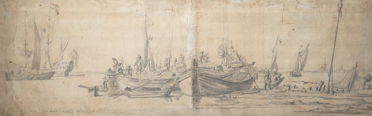 Két kaag partra szállt a parton, 1643 körüli (grafit, szürke mosás) alkotó: Willem van de the Elder Velde