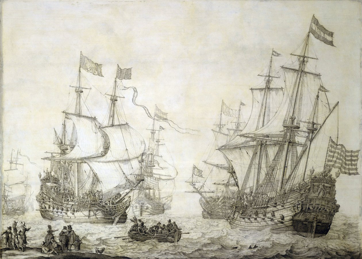 A Holland Kelet-indiai Társaság két kereskedelmi hajója, amint szélcsendben elhagyja a partot. Grisaille, fa alkotó: Willem van de the Elder Velde