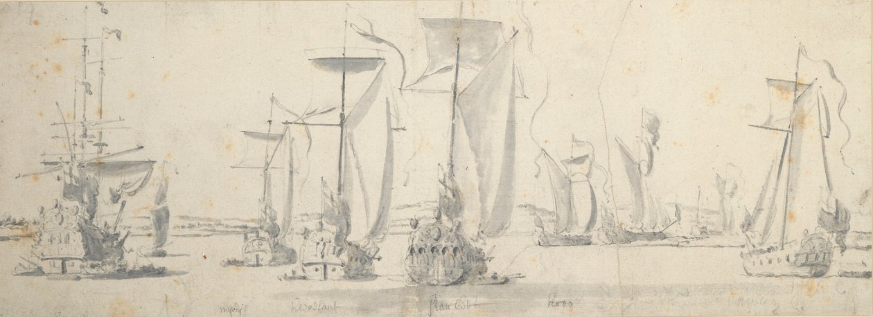 II. Károly látogatása a woolwichi "Tigris"-nél: A jachtok a folyó kanyarulatában alkotó: Willem van de the Elder Velde