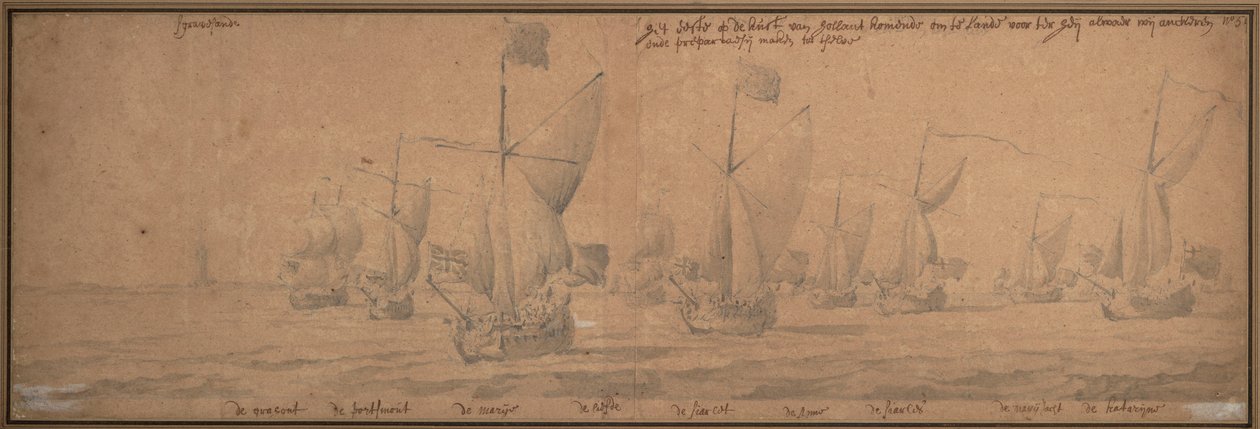 Hollandia partjaihoz érkező jachtok 1677. december 9-én alkotó: Willem van de the Elder Velde
