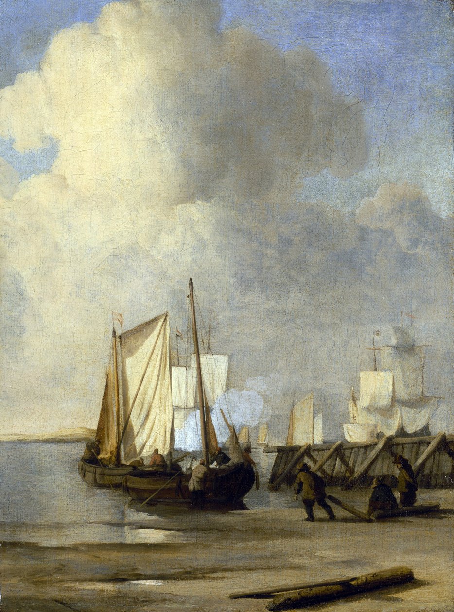 Egy Kaag a parton, egy holland hajó, amelyet belvízi hajózásra használnak. Olaj, vászon alkotó: Willem van de Velde the Younger