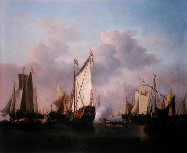 Egy állami jacht és más hajók nagyon könnyű levegőben, 1655 körül (olaj, vászon) alkotó: Willem van de Velde the Younger