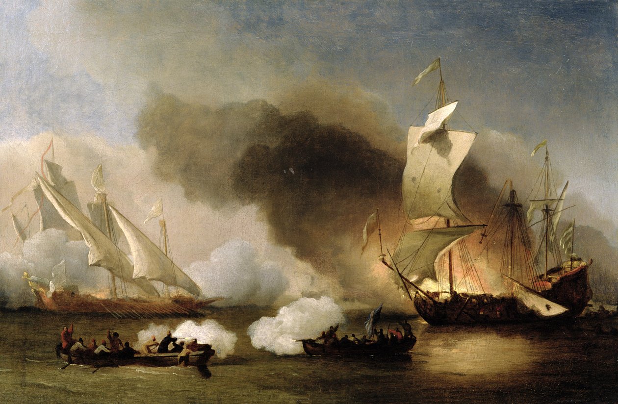 Akció a Barbary Coast közelében gályákkal és angol hajókkal, 1695 körül (olaj, vászon) alkotó: Willem van de Velde the Younger