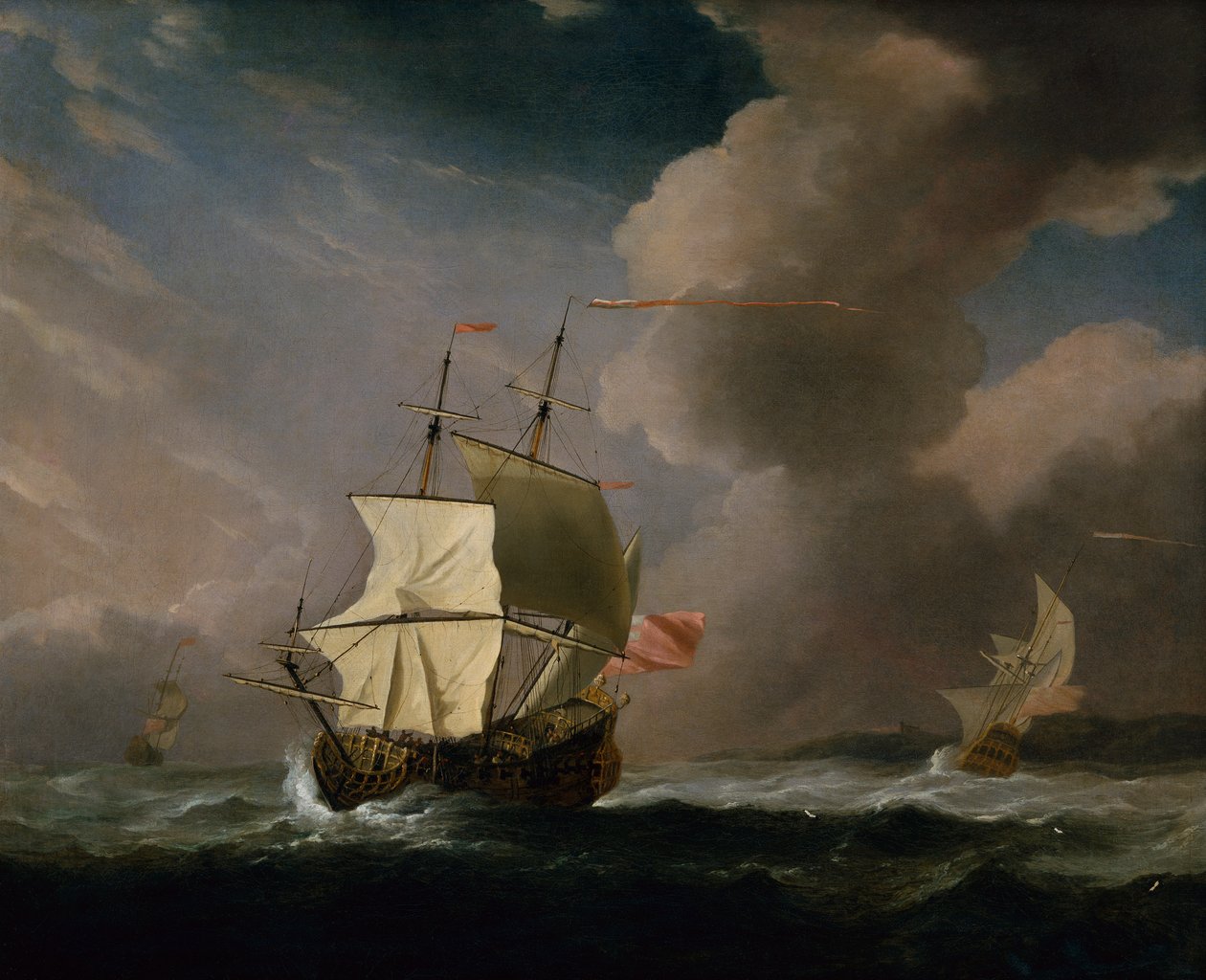 Angol kétszintes hajó erős szélben egy másik hajóval a háttérben (olaj, vászon) alkotó: Willem van de Velde the Younger