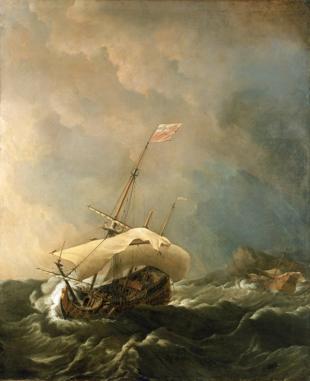 Brit hajó a viharos szélben, amely a sziklás partról próbál menekülni. Olaj, vászon alkotó: Willem van de Velde the Younger