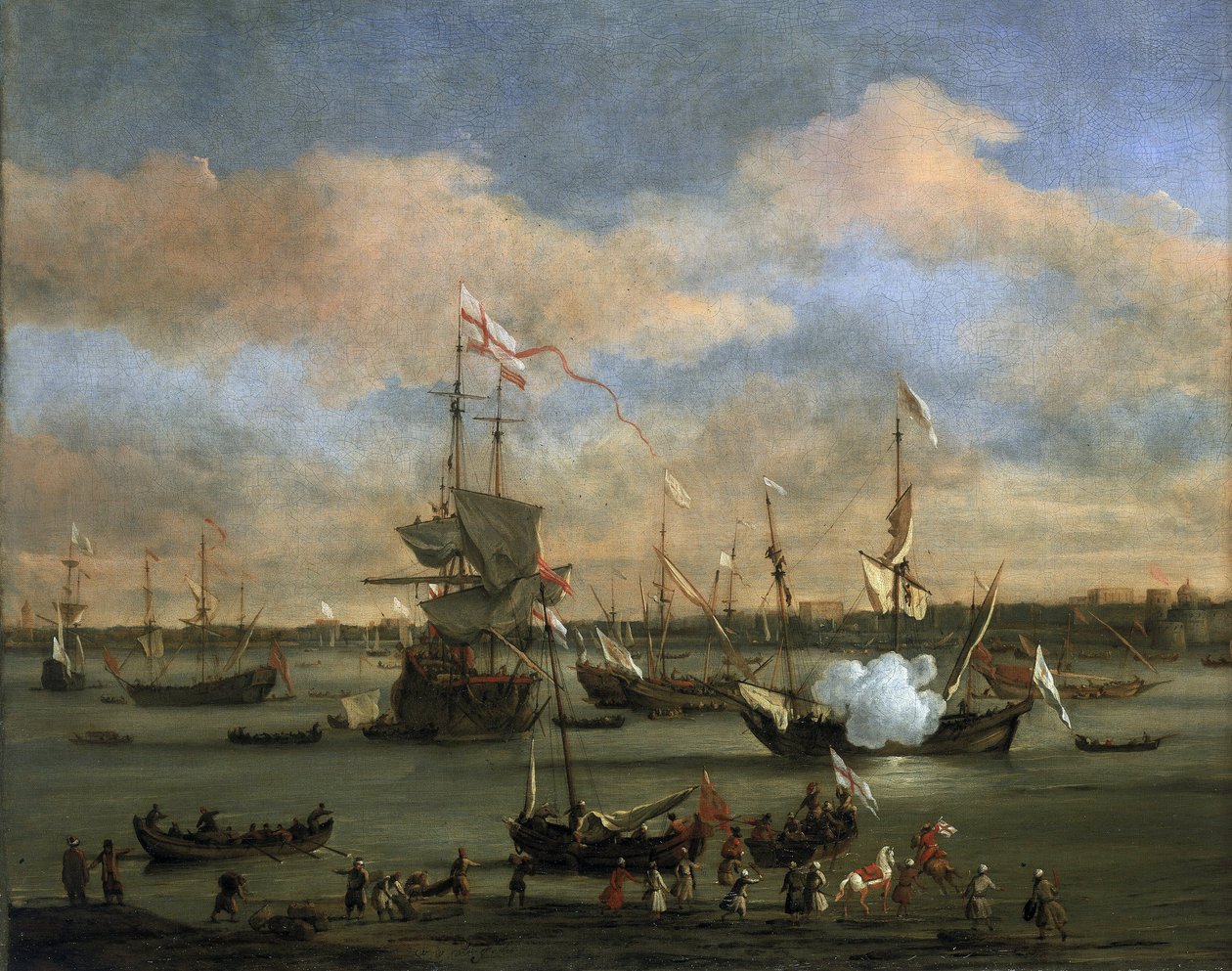 Brit kereskedelmi hajó a Földközi-tenger egyik kikötőjében. Olaj, vászon alkotó: Willem van de Velde the Younger