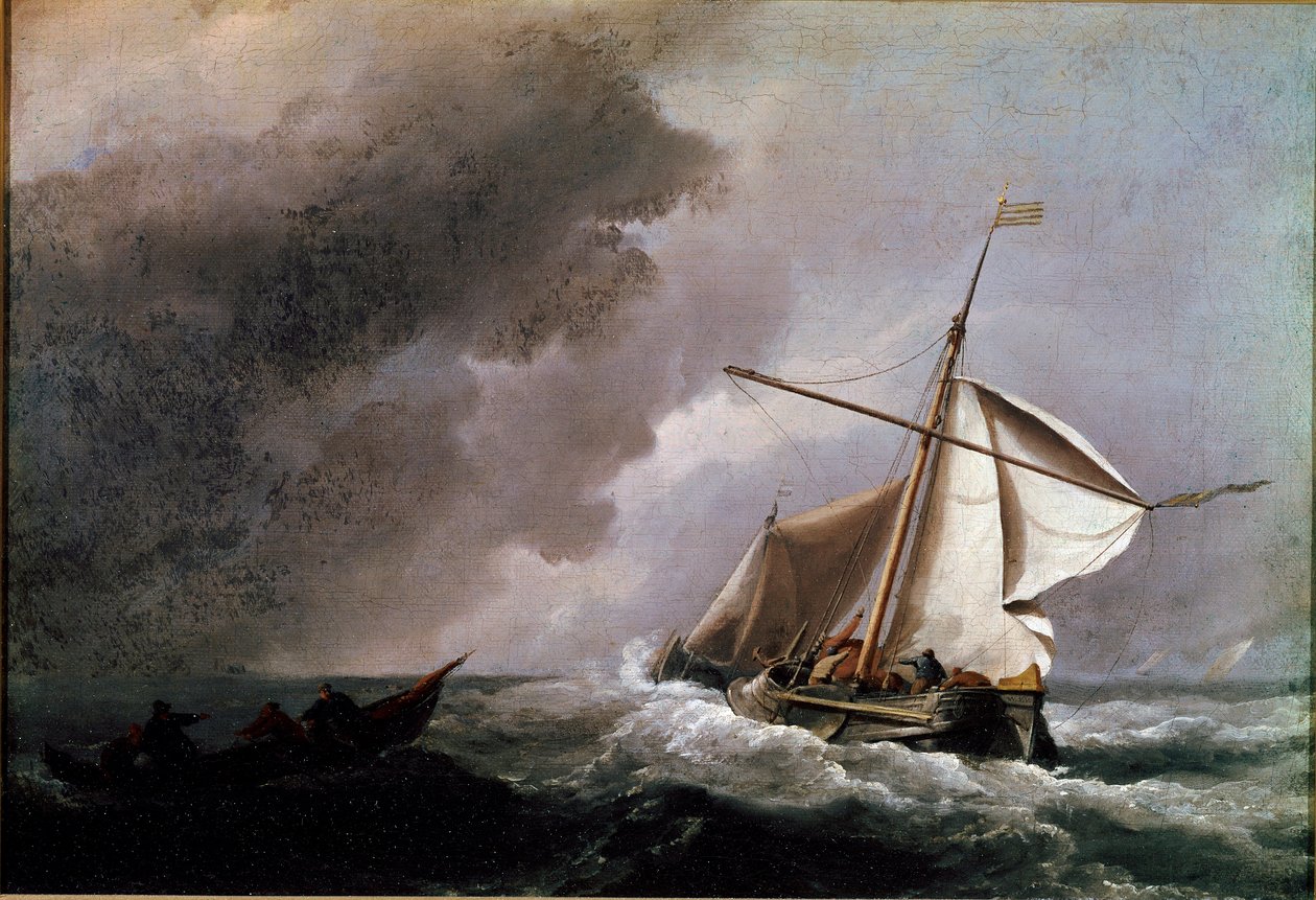 Holland hajó vitorlákat leeresztve vár egy mentőcsónakot Willem Van de Velde festménye a fiatal (1633-1707) 1660 V. 23,2x33,2 cm London, Nemzeti Galéria alkotó: Willem van de Velde the Younger