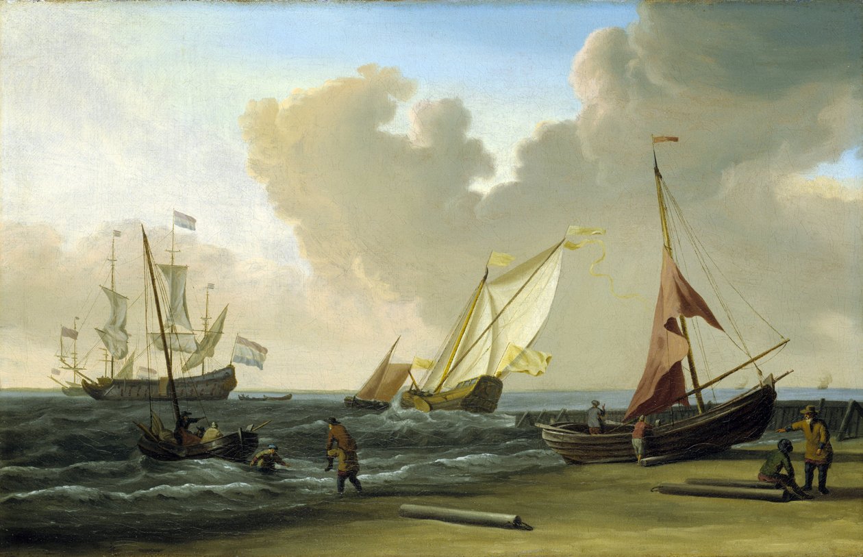 Halászhajó húzza hálóját a parton a szélben, a holland parton. Olaj, vászon alkotó: Willem van de Velde the Younger