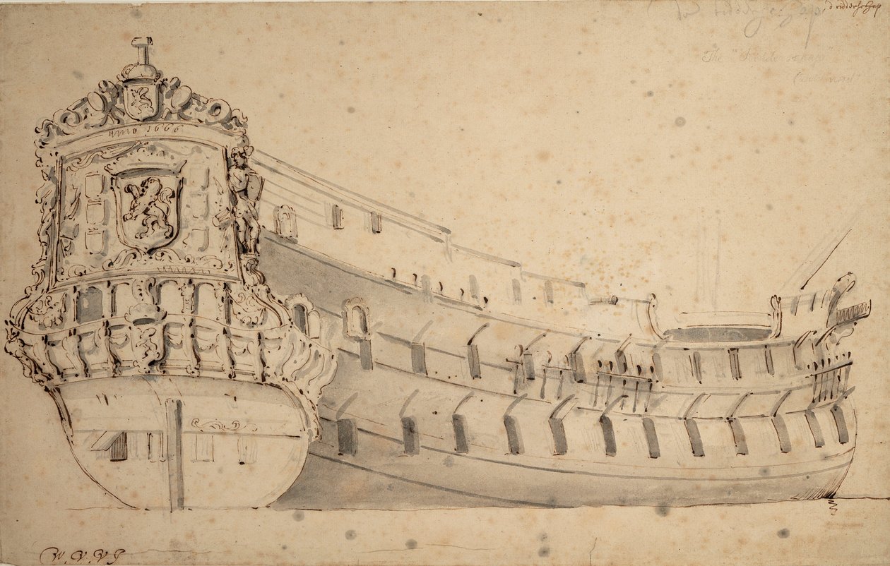 Az 1666-ban épült és 1690-ben tengerbe veszett, 66 ágyúval felszerelt "Ridderschap", a Maas-i Admiralitás hajójának portréja, 1686 körül (grafit, szürke mosás). alkotó: Willem van de Velde the Younger