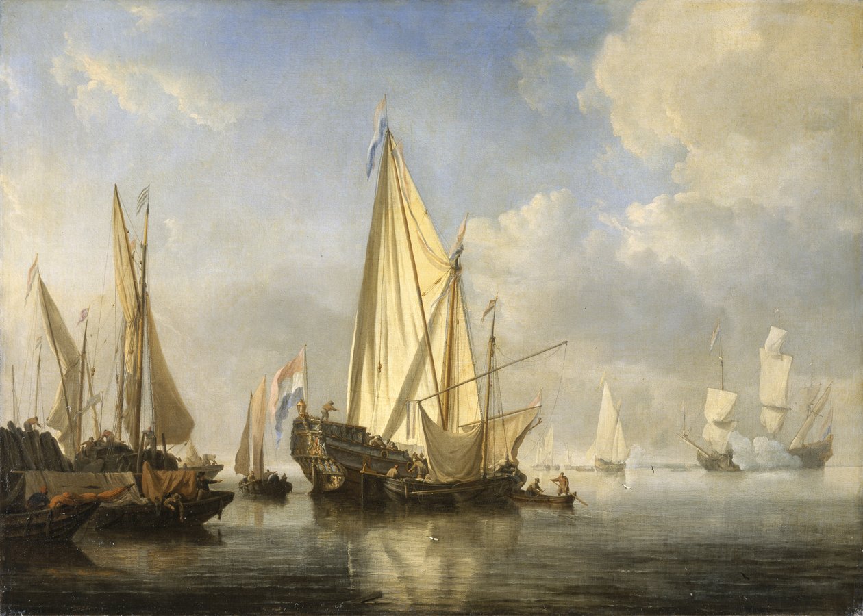 Nyugodt szállítás a State Yachttal a móló végén, 1680 körül (olaj, vászon) alkotó: Willem van de Velde the Younger