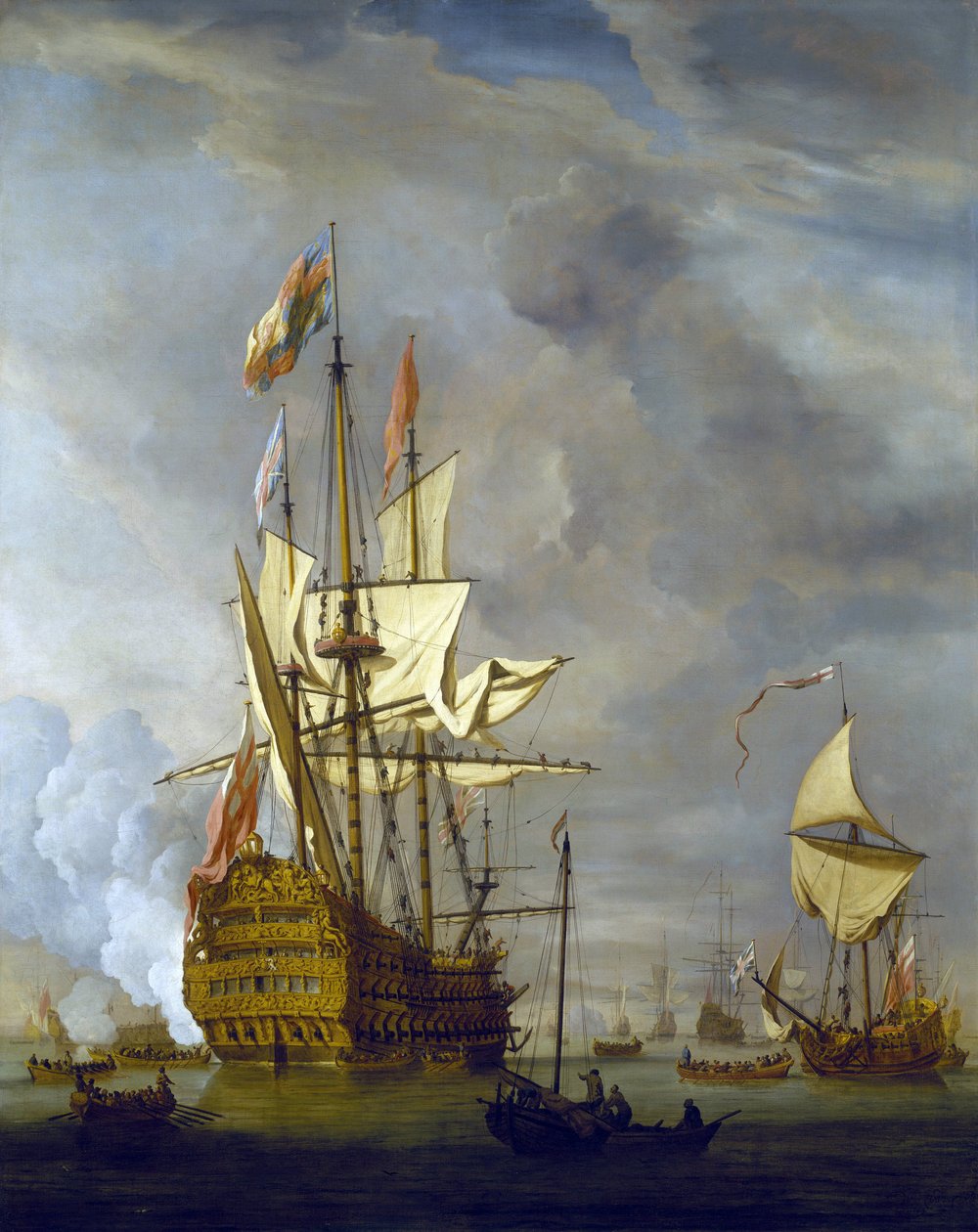 A HMS "Royal Sovereign" ágyúval üdvözli a kikötőt, egy királyi jacht kíséretében, szélcsendes időben. Olaj, vászon alkotó: Willem van de Velde the Younger