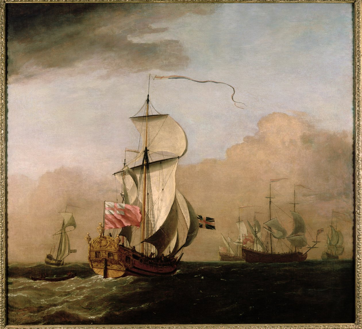 Albemarle Ketch második hercege egy jachttal balra és három hadihajóval a távolban jobbra alkotó: Willem van de Velde the Younger