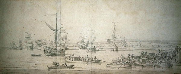 James, York hercegének megérkezése a Chatham-i királyi jachton, hogy vízre bocsátja a „The Royal Sovereign” első osztályú csatahajót, 1684. szeptember 30. (toll és tinta, valamint szürke mosás a papíron) alkotó: Willem van de Velde the Younger
