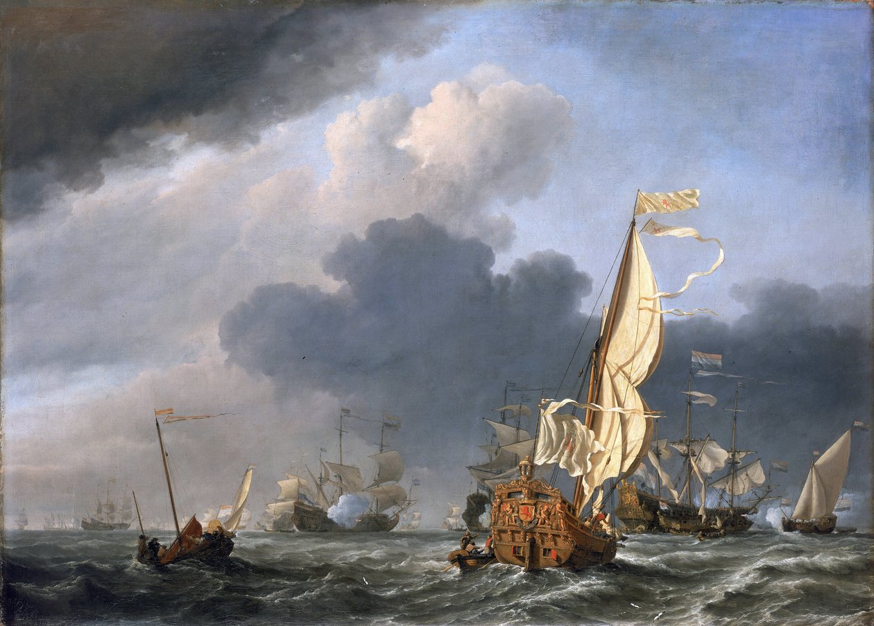 Jacht erős szélben, amint megpróbál csatlakozni egy holland hajócsoporthoz, valószínűleg a holland flotta gyülekezése Texel (Hollandia) előtt 1672-ben. alkotó: Willem van de Velde the Younger