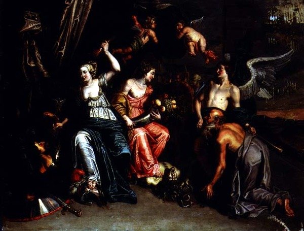 A mezőgazdaságot a Hírnév kíséretében, Cerest hárpiaként imádva lábbal tiporják, Minerva pedig legyőzi a Marsot (olaj a rézre) alkotó: Willem van the Elder Herp