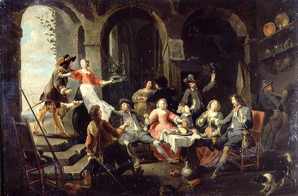Elegáns társasági mulatság egy enteriőrben, szolgák jelenlétében alkotó: Willem van the Elder Herp