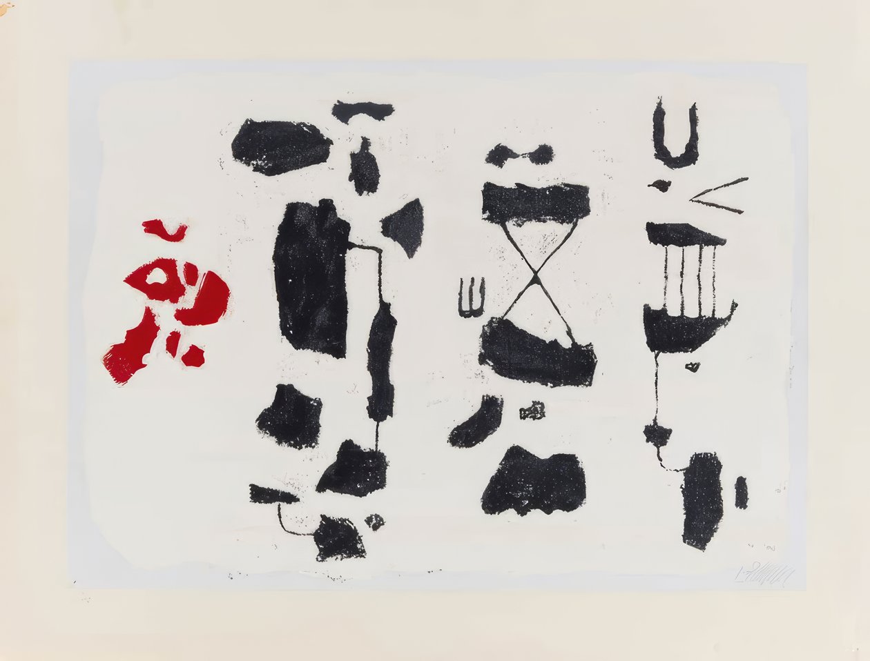 Fekete jelek – Fekete alakok piros formával alkotó: Willi Baumeister