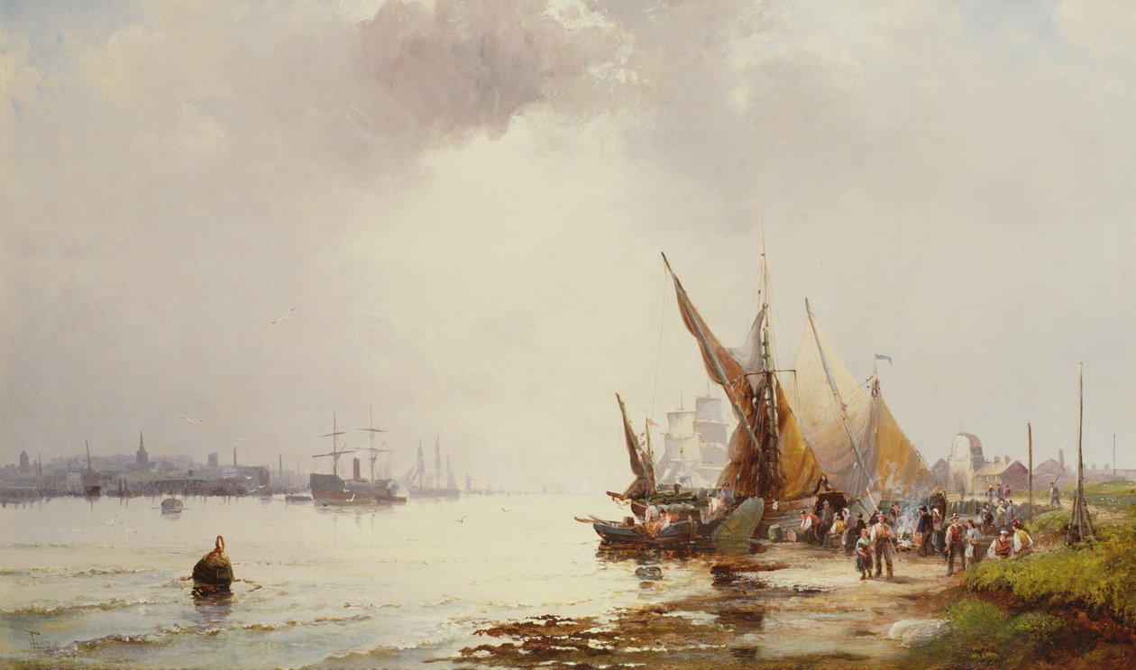 Fisherfolk a parton egy nyugodt torkolatban hajnalban, 19. század alkotó: William Anslow Thornley