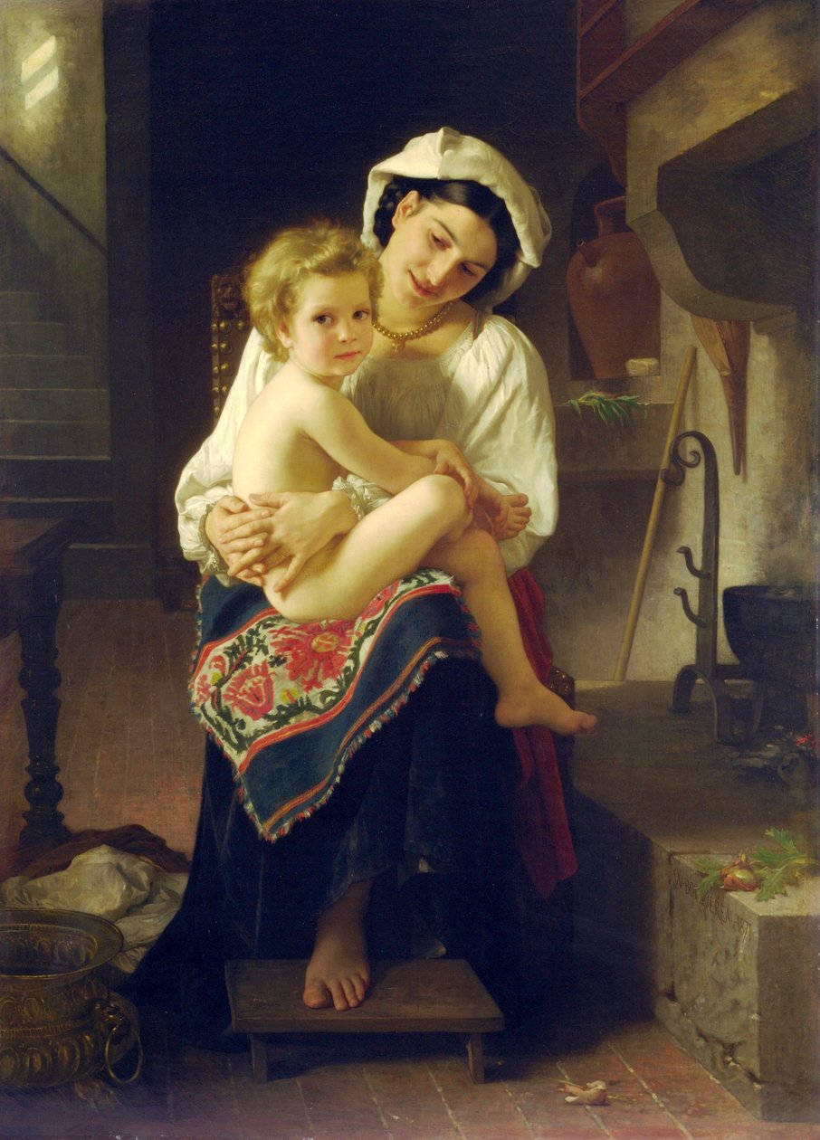 Fiatal anya bámulja gyermekét alkotó: William Adolphe Bouguereau
