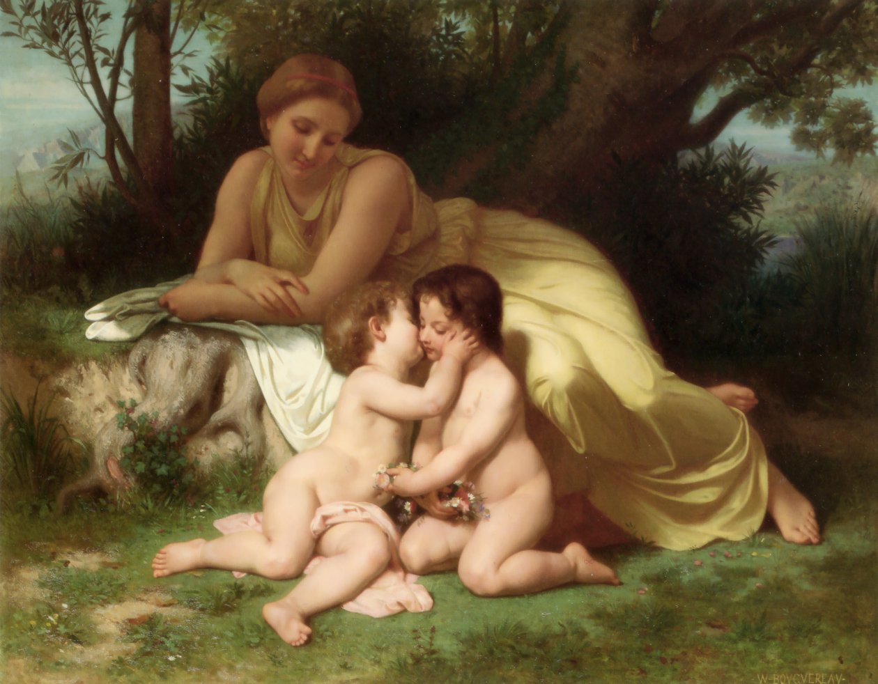 Fiatal nő két ölelkező gyermeket szemlél (1861) alkotó: William Adolphe Bouguereau