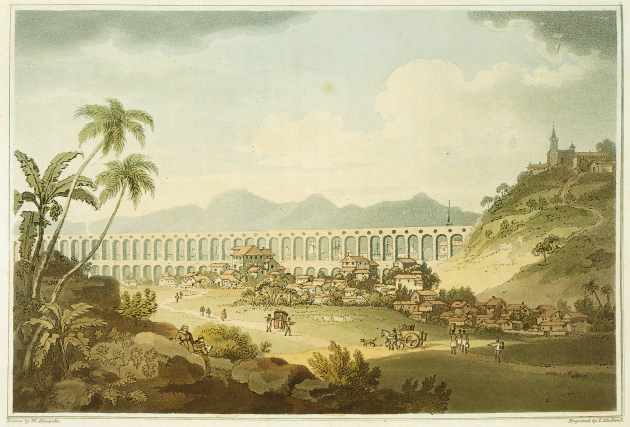 Arcos de Carioco, vagy Grand Aqueduct Rio de Janeiróban, John Barrow (1764-1848) „Utazás Cochinchinába” című művének 5. táblája Thomas Medland (1755-1823) metszetében, 1806 (akvatinta) alkotó: William Alexander