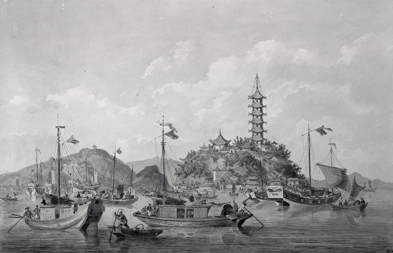 Kilátás az Aranyhegy-szigetre a Blue Riverben, Kína, 1794 körül (toll, tinta és mosás) alkotó: William Alexander