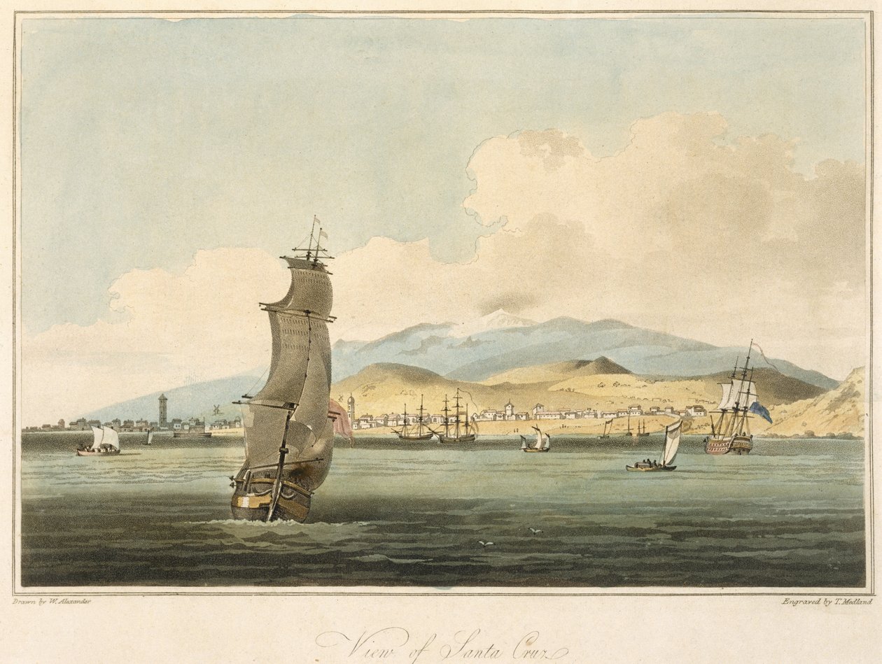 Santa Cruz látképe, 3. tábla John Barrow (1764-1848) "A Voyage to Cochinchina" című művéből, Thomas Medland (1755-1823) metszete 1806 (aquatinta). alkotó: William Alexander