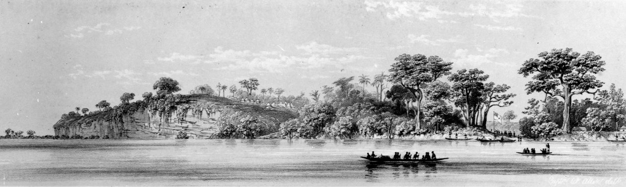 Attah-i sziklák a „Picturesque Views on the River Niger: Lander legutóbbi, 1832–1833-as látogatása alkalmával felvázolt” kőnyomat, amelyet Thomas Picken készített, 1840-ben. alkotó: William Allen