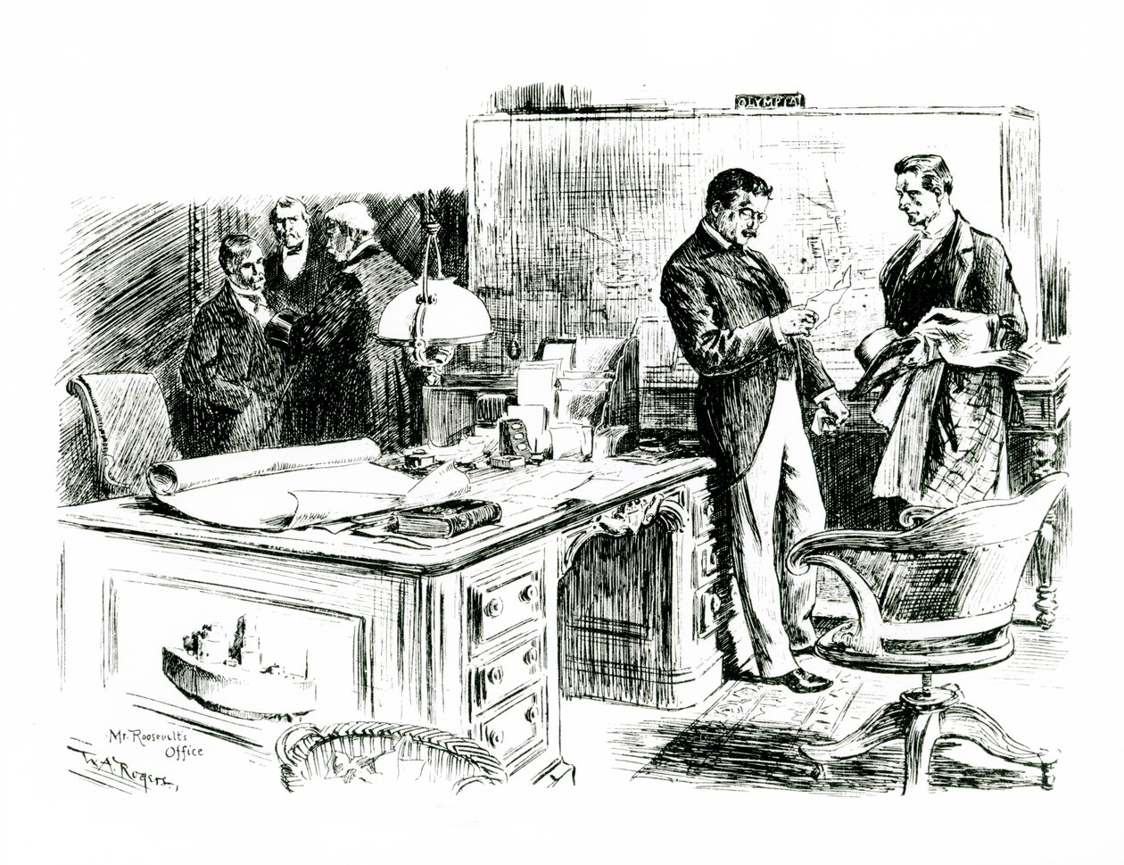 Lodge szenátor és Roosevelt elnök hivatalának külügyminiszter-helyettese a Fülöp-szigetek 1898-as inváziójáról tárgyal alkotó: William Allen after Rogers