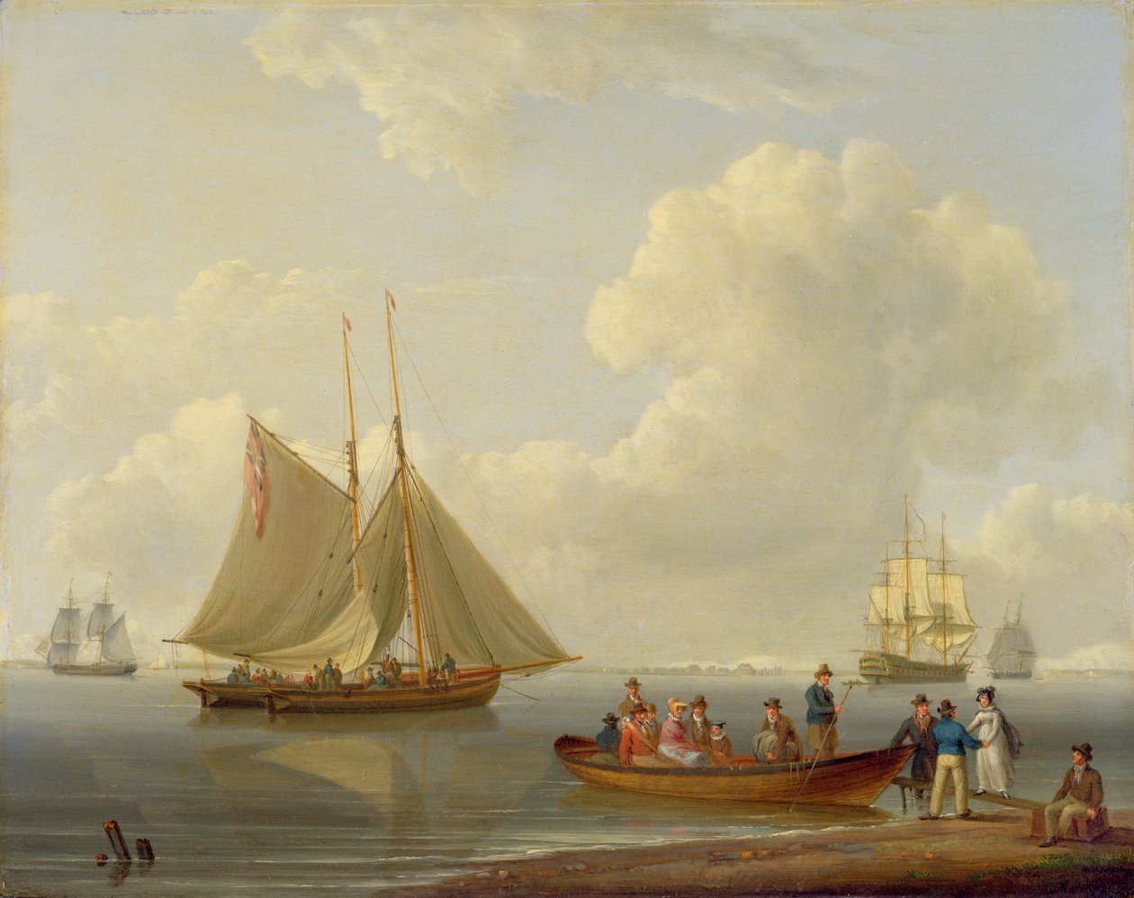 Egy Wherry két horgonyzott csomagba viszi az utasokat, 1825 alkotó: William Anderson