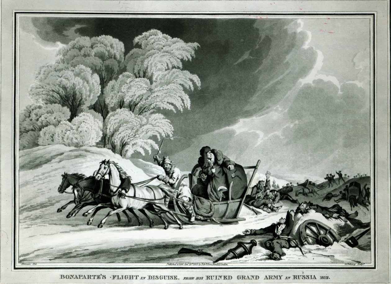 Napóleon álruhában az oroszországi visszavonuláskor 1812-ben (akvatinta) alkotó: William Atkinson