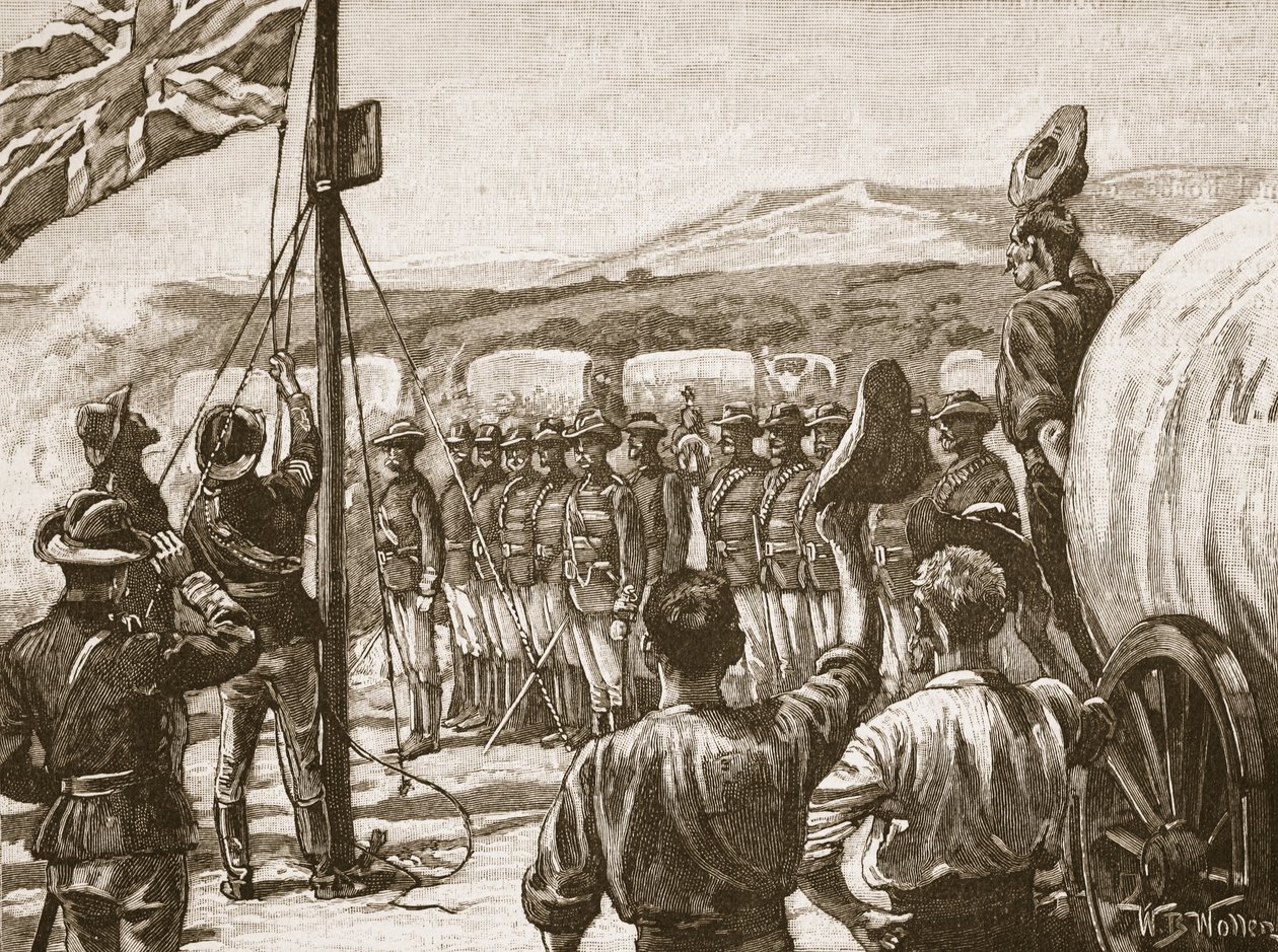 A brit dél-afrikai vállalat úttörője Mashonalandban, 1890, illusztráció a „Cassell illusztrált Anglia történetéből” (szépia fotó) alkotó: William Barnes Wollen