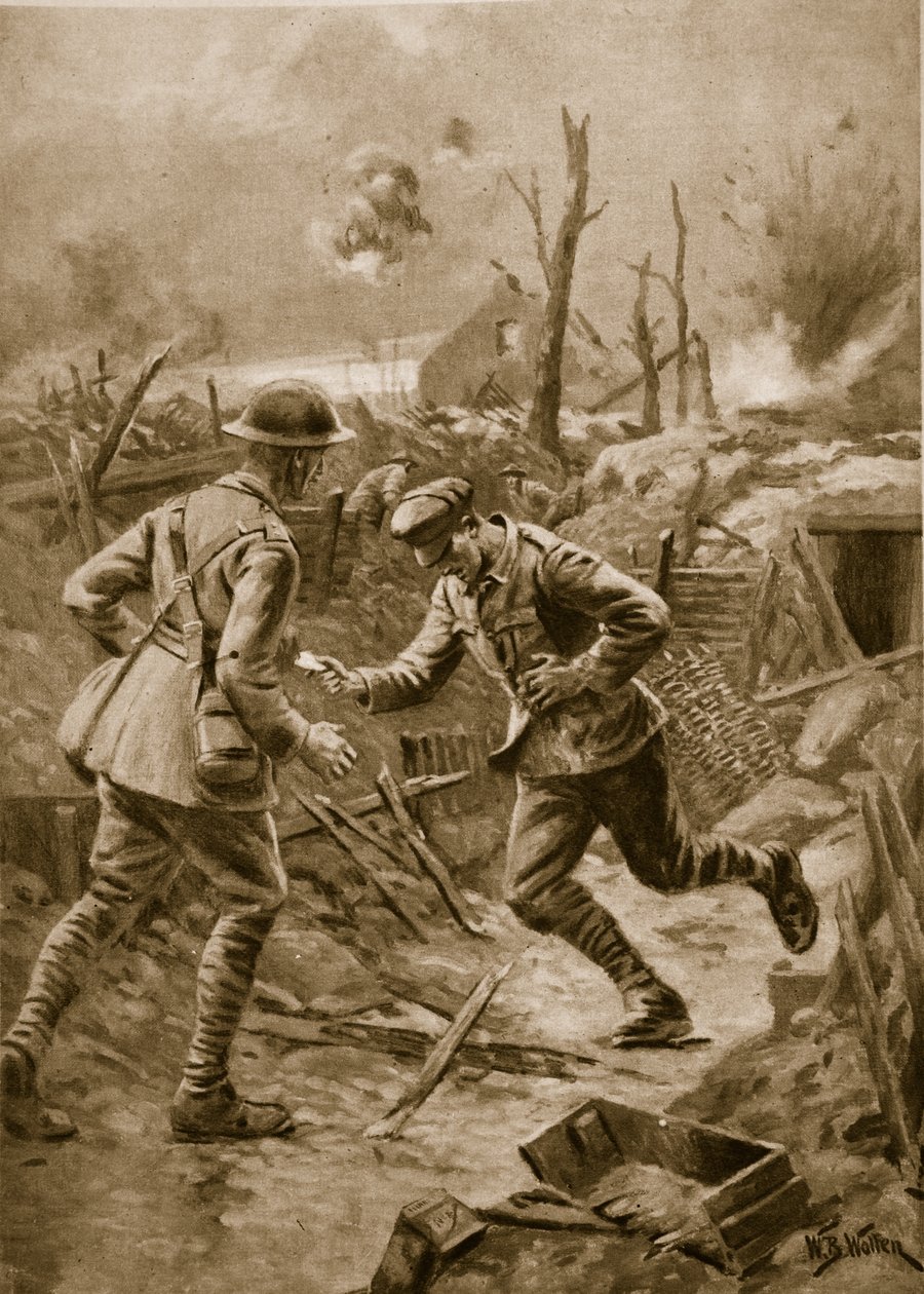 „Hűséges mindhalálig”: Egy sebesült brit futó meghalt, miközben átadja üzenetét, 1914-1919 alkotó: William Barnes Wollen