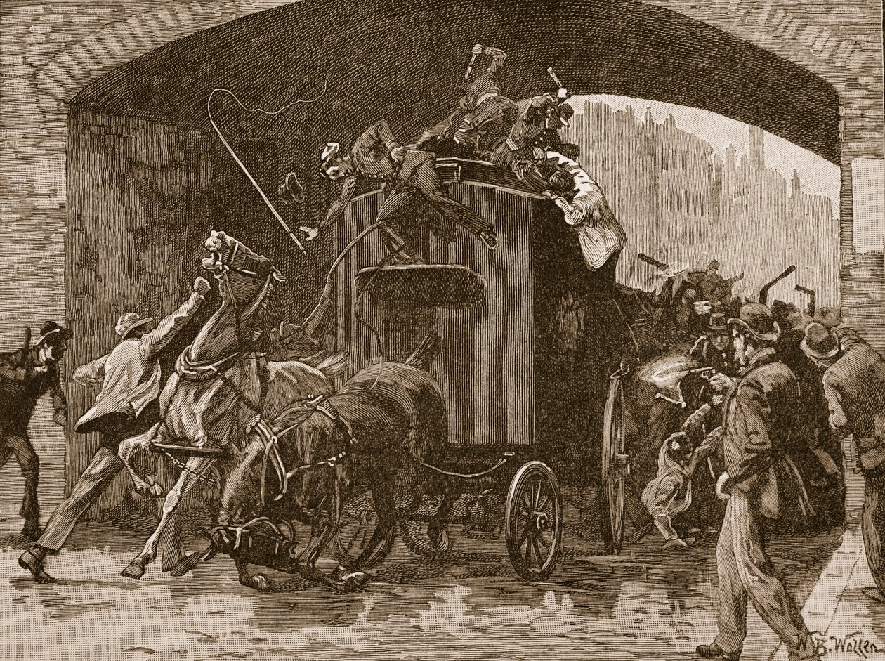 Feniak támadása a rendőrség furgonja ellen Manchesterben, 1867, illusztráció a „Cassell illusztrált Anglia történetéből” (szépia fotó) alkotó: William Barnes Wollen