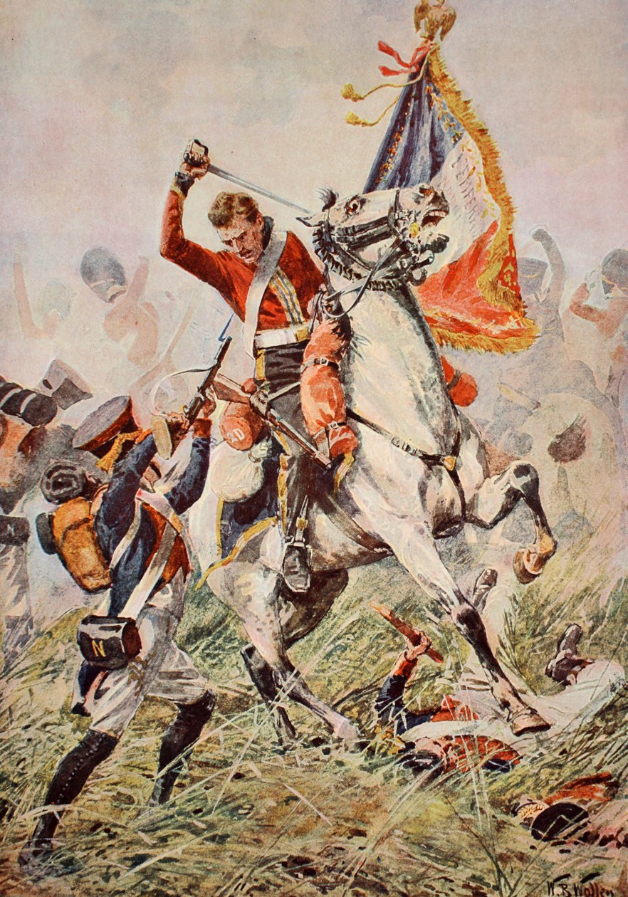 Ewart őrmester elfogja a sast Waterloo-ban, illusztrációja a „Tizekilencedik század csatái” című művéből, Archibald Forbes, G.A. Henty és Arthur Griffiths őrnagy alkotó: William Barnes Wollen