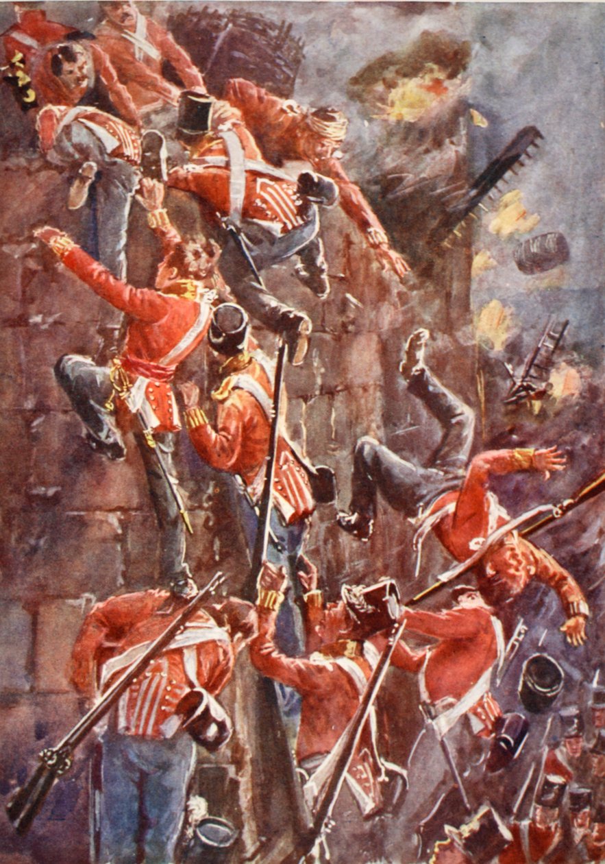 Az 5. hadosztály eszkaláddal ostromolja San Vincente bástyáit, illusztráció Archibald Forbes, G.A. Henty és Arthur Griffiths őrnagy "Battles of the Nineteenth Century" című könyvéből. alkotó: William Barnes Wollen