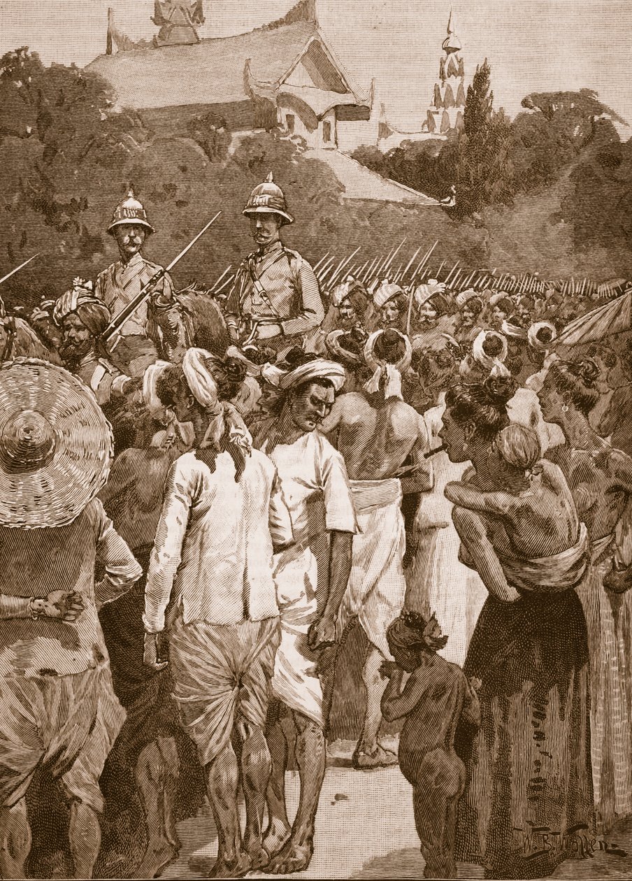 A brit erők belépve Mandalay-be, 1885, illusztráció a „Cassell illusztrált Anglia történetéből” (szépia fotó) alkotó: William Barnes Wollen