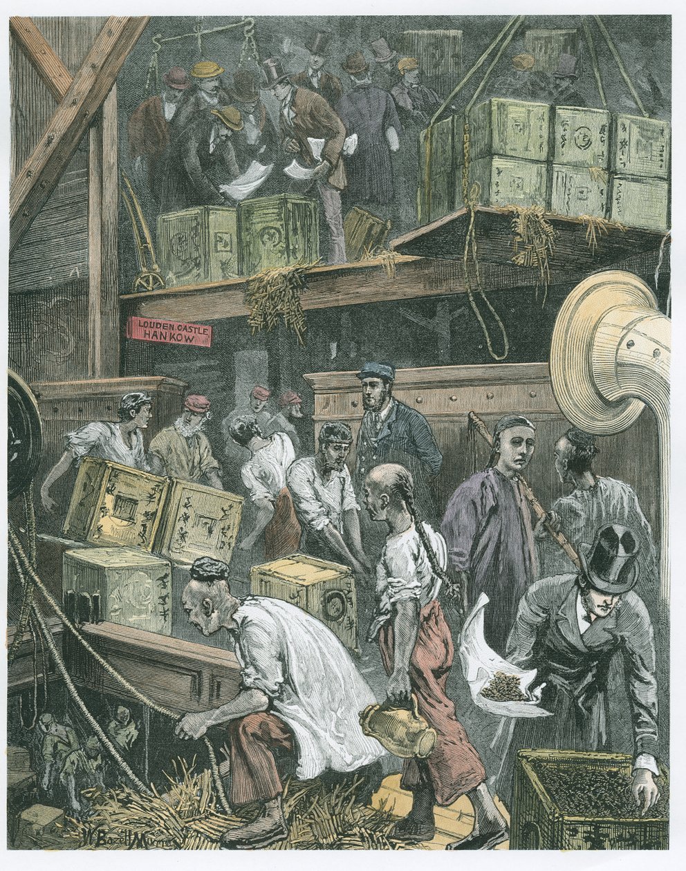 Tömeges tömeg feltörése egy teahajó fedélzetén a londoni dokkokban (későbbi színezés) alkotó: William Bazett Murray