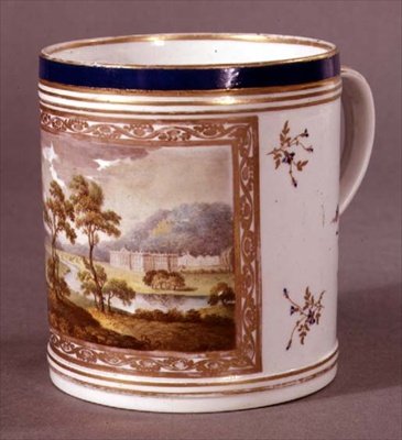 Pinxton bögre, Chatsworth látképe, 1800 körüli (porcelán) alkotó: William Billingsley