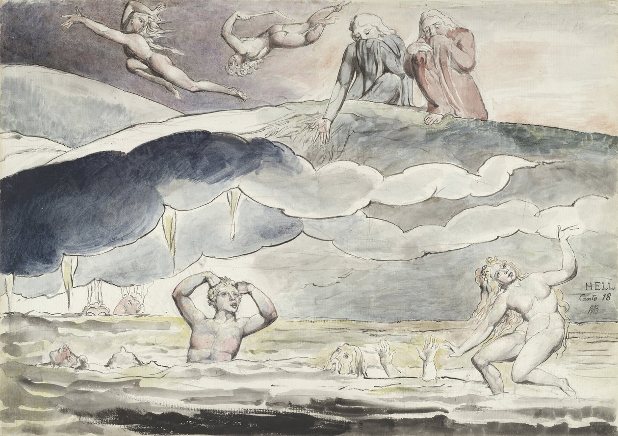 Dante és Virgil a Hízelkedők árkába néz, illusztráció Dante Alighieri "Isteni színjátékához", 1824-27 alkotó: William Blake
